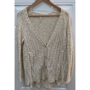 Knit Long Cream Cardigan Button Cozy Woven Relaxed